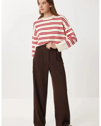 Pantaloni dama, Happiness Istanbul, talie inalta, culoare maro, poliester