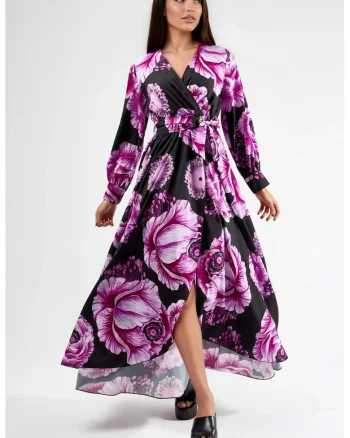 Rochie Midi,  Floral, Elegant, Roz/negru, Poliester/Lycra