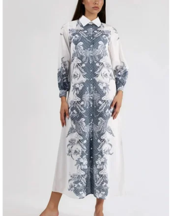 Rochie midi,  imprimeu floral, maneca lunga, poliester/lycra, alb/gri
