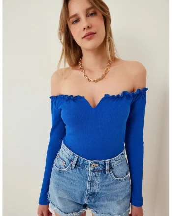 Bluza dama, Happiness Istanbul, maneca lunga, albastru marin, bumbac