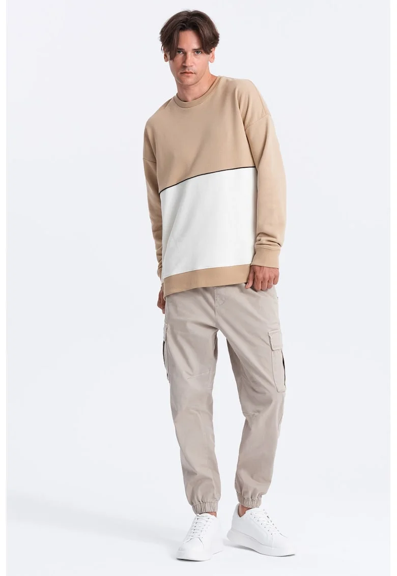 Bluza de trening cu decolteu la baza gatului si model colorblock, Alb/Bej