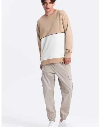 Bluza de trening cu decolteu la baza gatului si model colorblock, Alb/Bej