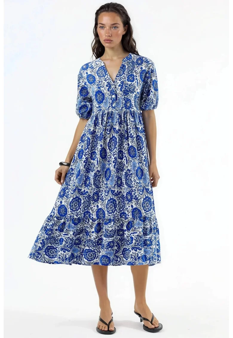 Rochie midi  model floral, albastru, maneci trei sferturi, croiala lejera