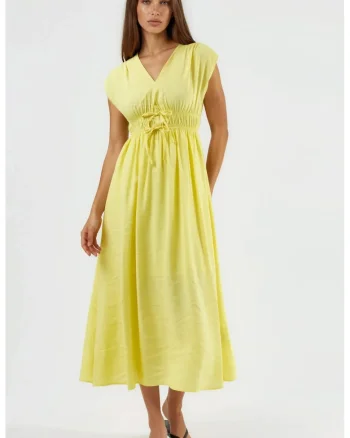 Rochie midi  decolteu in V, galben, modal/poliester
