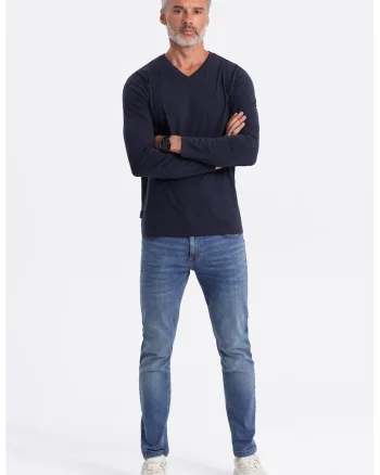 Bluza din bumbac cu decolteu in V, Bleumarin