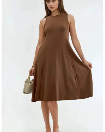 Rochie midi  cu buzunare, maro, poliester/elastan