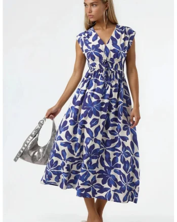 Rochie midi  model floral, decolteu in V, albastru/alb, viscoza/nylon