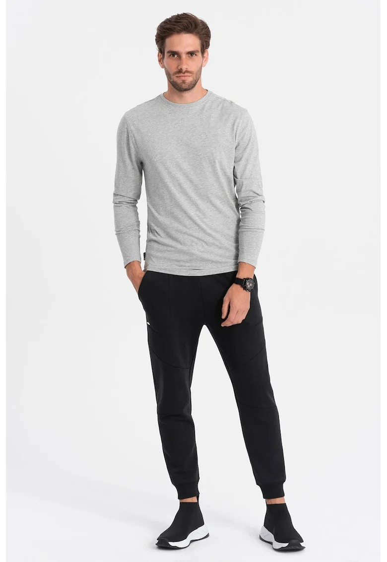 Bluza din bumbac cu decolteu la baza gatului, Gri deschis melange