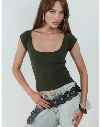 Tricou dama,  Guler U, Kaki, Bumbac/Elastan