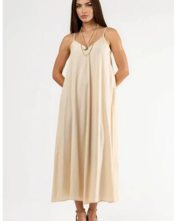Rochie midi,  decolteu in V, poliester, bej