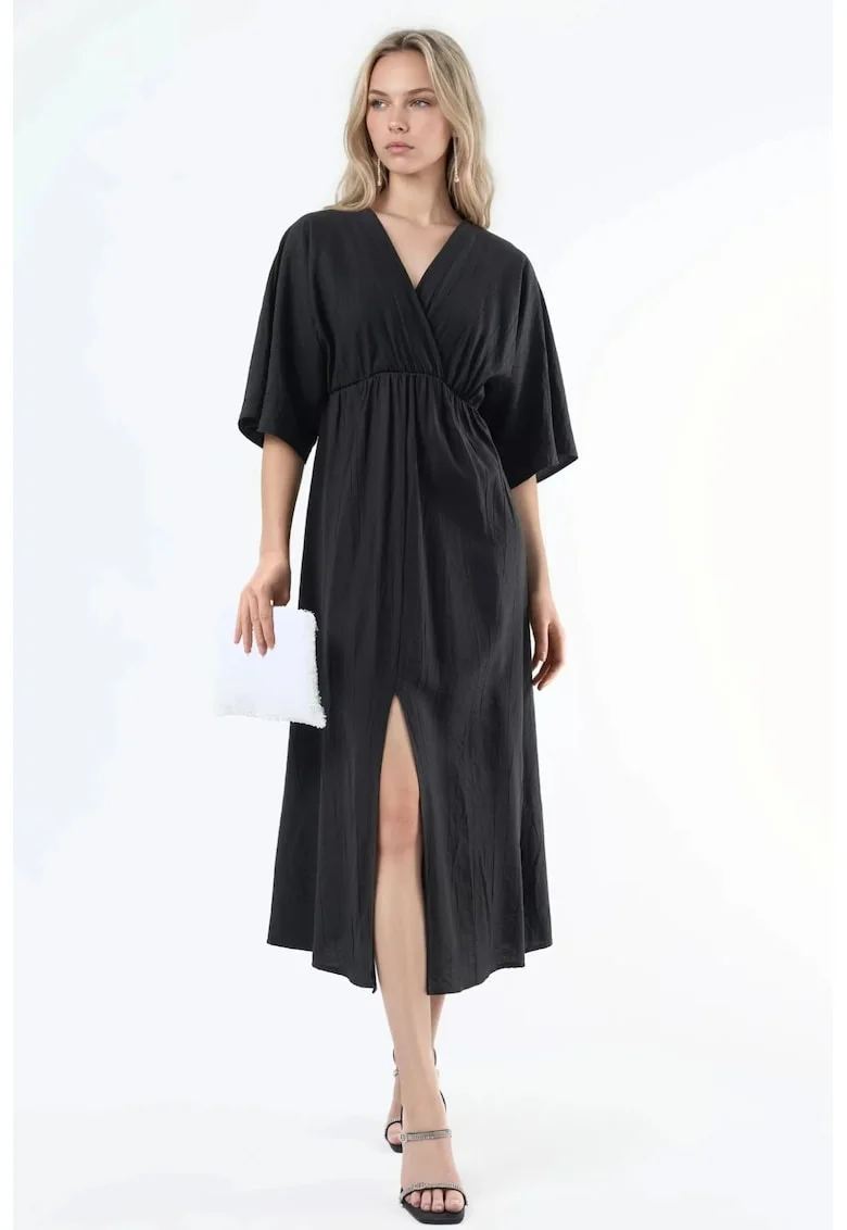 Rochie midi,  decolteu in V, maneci trei sferturi, negru, poliester