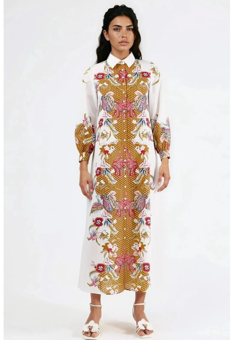 Rochie midi,  imprimeu floral, maneca lunga, poliester/lycra, alb/auriu