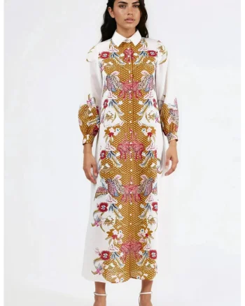 Rochie midi,  imprimeu floral, maneca lunga, poliester/lycra, alb/auriu