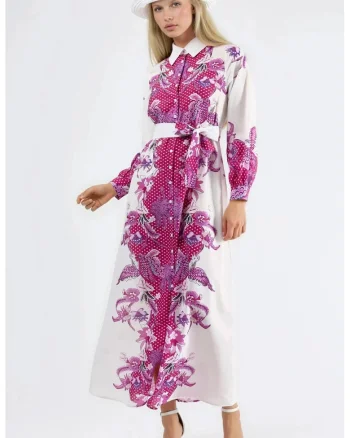 Rochie midi,  imprimeu floral, maneca lunga, poliester/lycra, roz/alb
