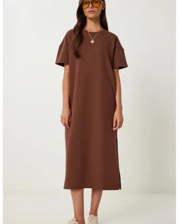 Rochie Midi, Happiness Istanbul, bumbac, maro,