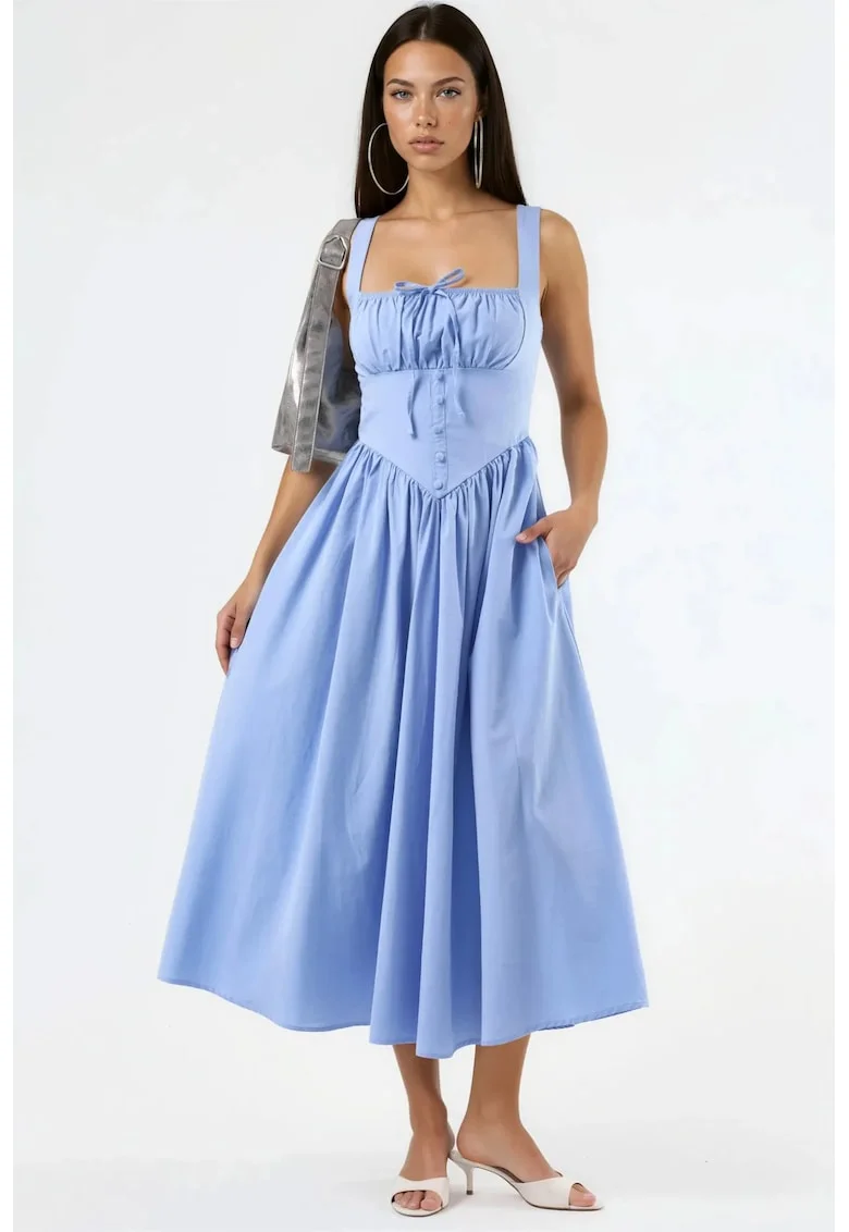 Rochie Midi  guler patrat, cu nasturi, bumbac/poliester, Albastru deschis
