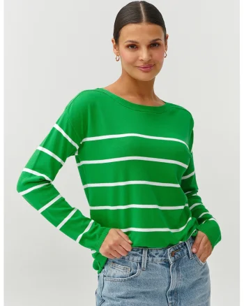 Pulover cu decolteu barcuta si model in dungi, Alb/Verde