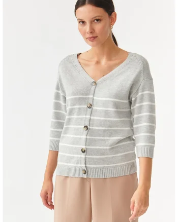 Cardigan cu model in dungi si decolteu in V Sare, Alb/Gri deschis