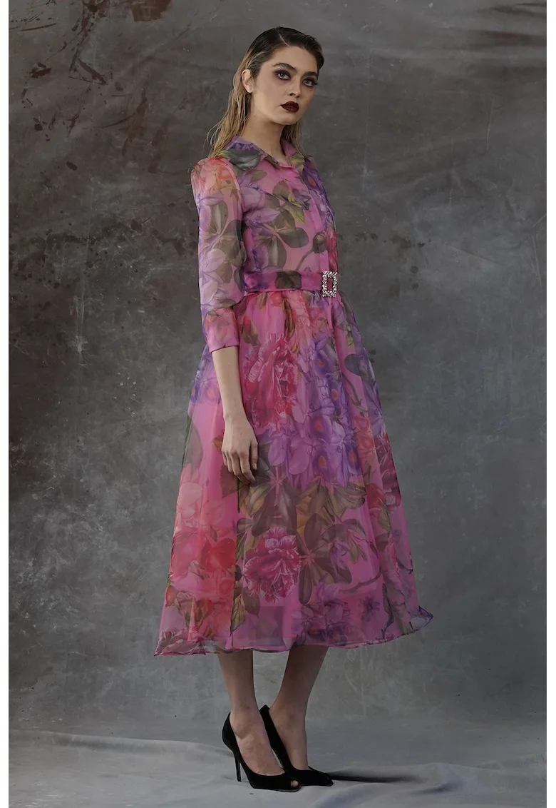 Rochie evazata cu strat exterior semitransparent Colibri, Violet/Kaki/Roz