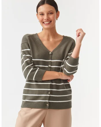 Cardigan cu model in dungi si decolteu in V Sare, Alb/Kaki