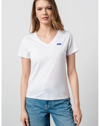 Tricou slim fit cu decolteu in V, Alb