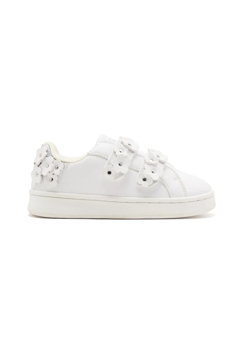 Pantofi sport cu inchidere velcro si aplicatii cu model floral, Alb
