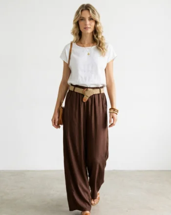 Pantaloni dama lejeri din tencel, cu talie elastica si curea, maro