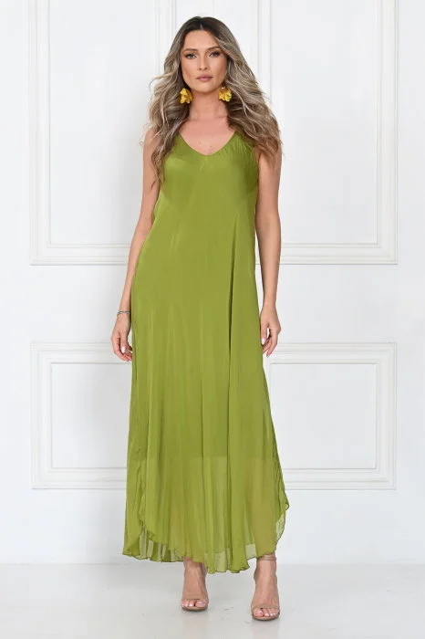 Rochie lunga din matase cu croi fluid si bretele fine, eleganta, verde olive