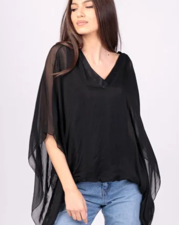 Bluza din matase si vascoza neagra, cu decolteu in V in fata si pe spate
