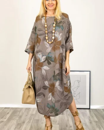 Rochie oversize lalea , din in bej inchis cu imprimeu floral