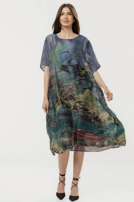 Rochie turcoaz eleganta satinata A-line cu croiala lejera si imprimeu pictural