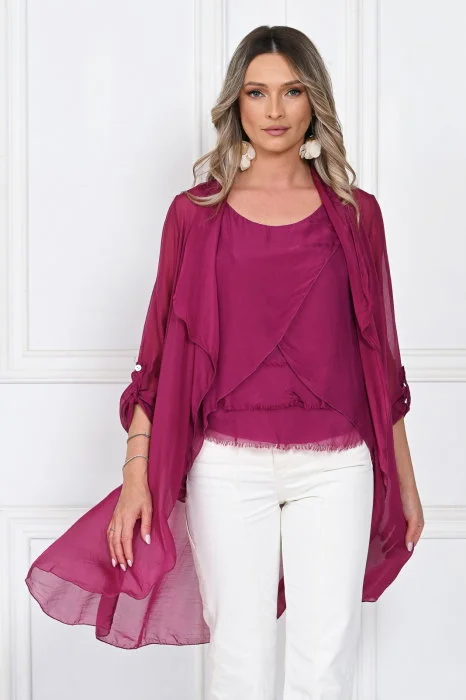 Blazer dama midi din matase tip kimono, croi fluid pentru layering, mov zmeura
