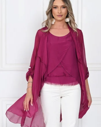 Blazer dama midi din matase tip kimono, croi fluid pentru layering, mov zmeura