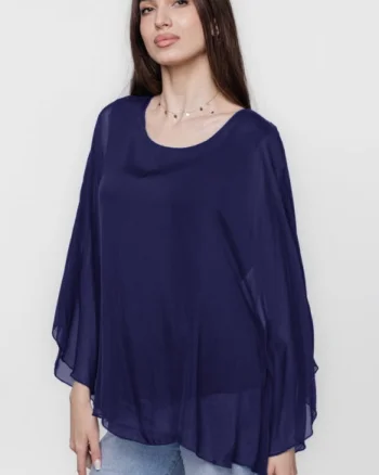 Bluza din matase si vascoza cu maneca clopot, bleumarin
