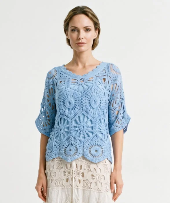 Bluza de vara cu broderie din bumbac, croi lejer, bleu