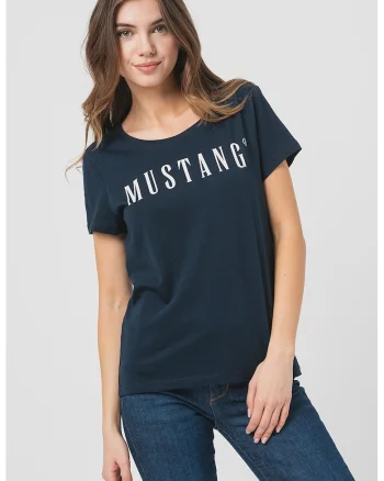 Tricou cu imprimeu logo si decolteu rotund, Bleumarin