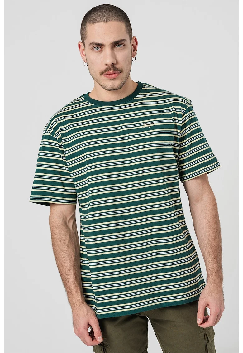 Tricou cu dungi si decolteu la baza gatului, Alb/Galben pal/Verde englez
