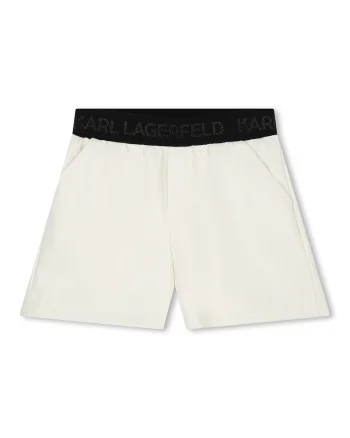 Pantaloni scurti de piele ecologica cu logo stralucitor, Alb murdar