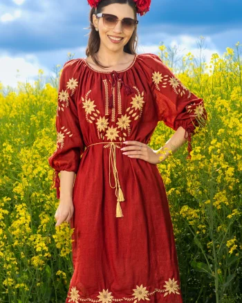 Rochie traditionala bordo Alessia din bumbac cu broderie florala