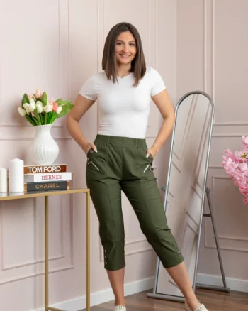 Pantaloni dama 3 4 Jenny kaki cu talie elastica si fermoare decorative