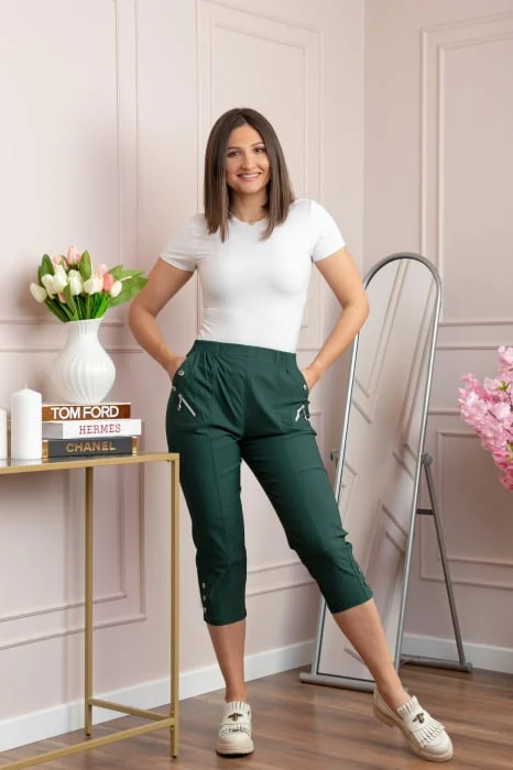 Pantaloni dama 3 4 Jenny verzi cu talie elastica si fermoare decorative