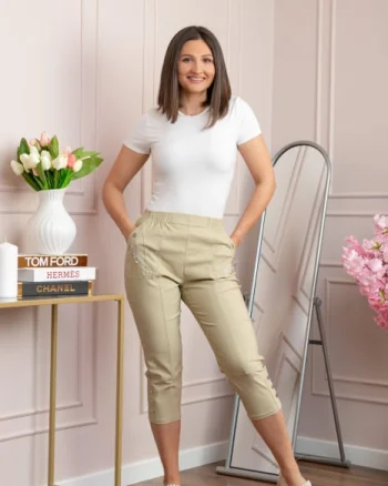 Pantaloni dama 3 4 Jenny bej cu talie elastica si fermoare decorative