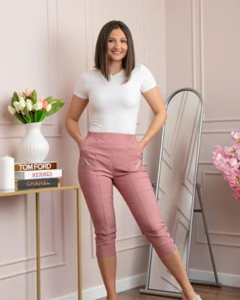 Pantaloni dama 3 4 Jenny roz pudrat cu talie elastica si fermoare decorative