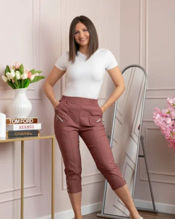 Pantaloni dama 3 4 Jenny roz marsala cu talie elastica si fermoare decorative
