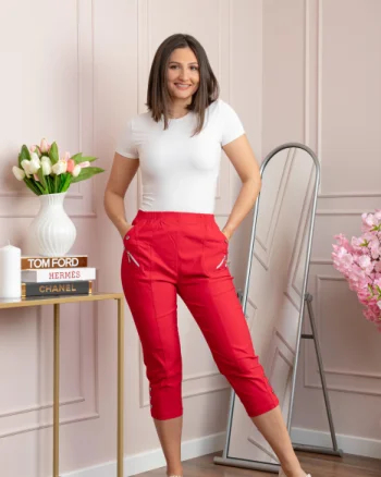 Pantaloni dama 3 4 Jenny rosii cu talie elastica si fermoare decorative