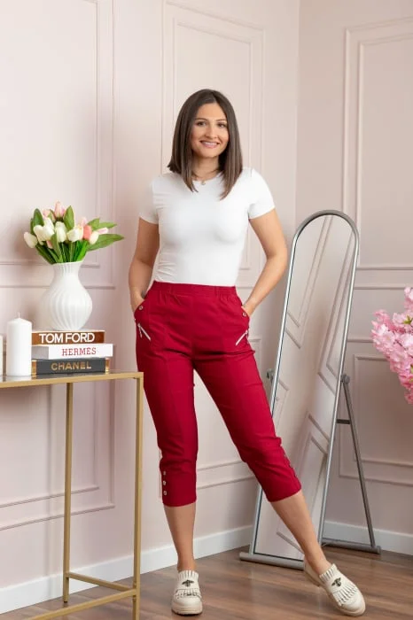 Pantaloni dama 3 4 Jenny grena cu talie elastica si fermoare decorative