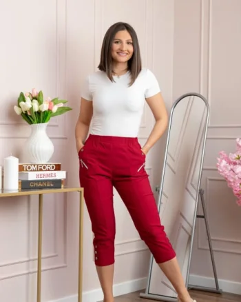 Pantaloni dama 3 4 Jenny grena cu talie elastica si fermoare decorative