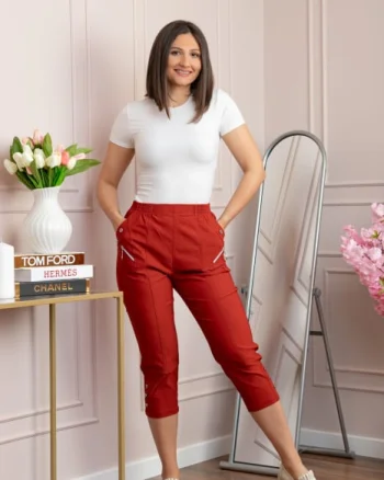 Pantaloni dama 3 4 Jenny caramizii cu talie elastica si fermoare decorative