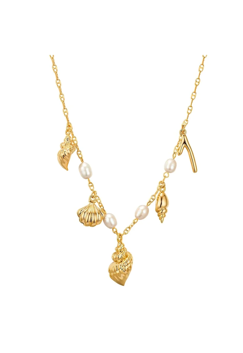 Colier de aur de 14K filat, cu pandantive si perle de cultura, Auriu