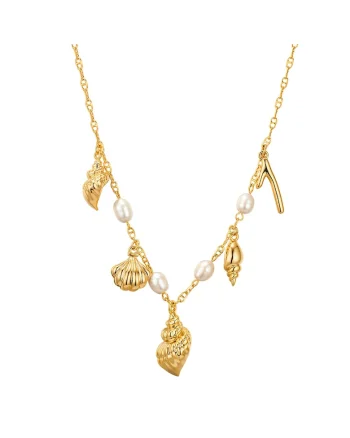 Colier de aur de 14K filat, cu pandantive si perle de cultura, Auriu